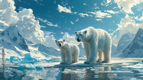 A family of polar bears exploring the shrinking ice caps, teaching about climate change, for a childrens book illustration,