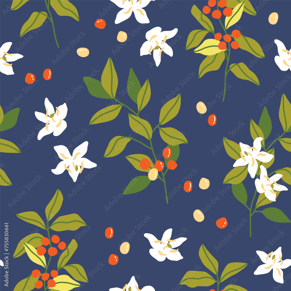 Vector hand painted cafe tasty specialty coffee plant, leaves, berries and flowers illustration Cute flat simple hand drawn seamless pattern, wallpaper background, wrapping paper