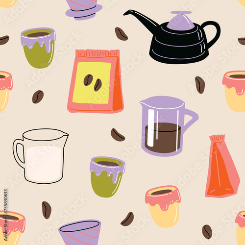 Vector hand painted cafe tasty filter specialty coffee illustration. Cute flat simple hand drawn clipart seamless pattern, wallpaper background, fabrics surface pattern design