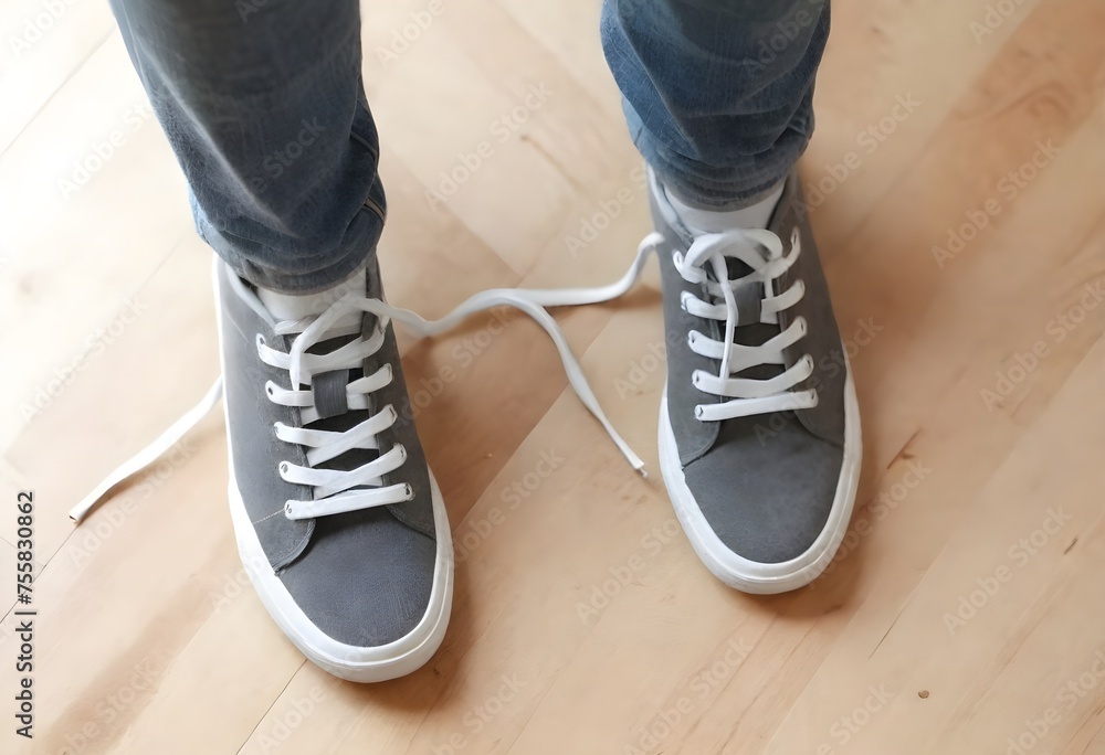 Man with shoelaces tied together. April fool's day prank