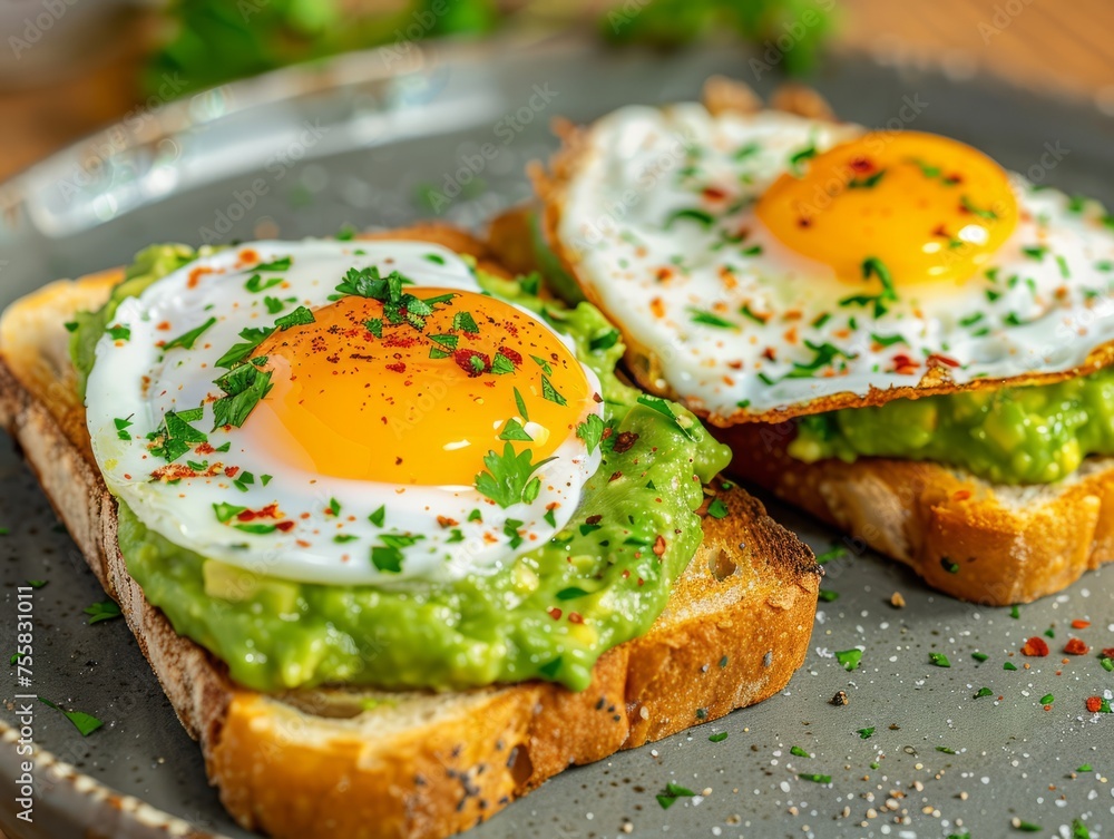 Toast with guacamole and fried egg, photo for the restaurant menu, macro photo