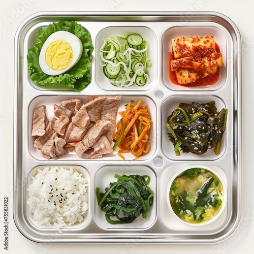 a stainless steel food tray with five compartments, each containing different types of Korean dishes. The top left compartment holds a yellow egg tart, and next to it, thinly sliced grayish pork is pl