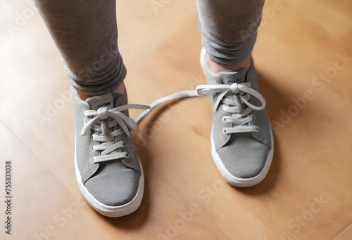 Man with shoelaces tied together. April fool's day prank photo