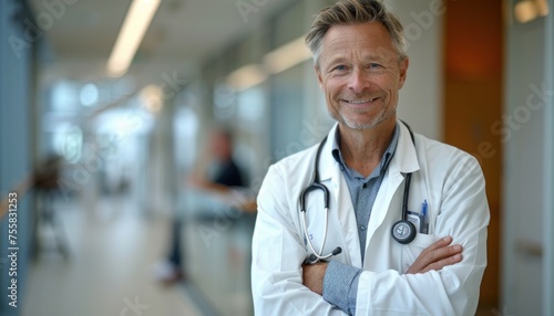 Confident male doctor in hospital corridor