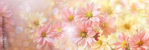 Mother s Day abstract pink color background decorated with pink flowers. Banner with copy space