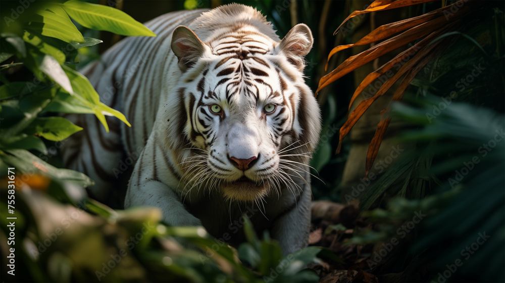 Majestic White Tiger in the Wild Jungle.