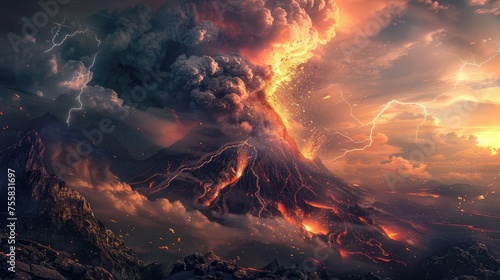 lightning erupting from a volcano with smoke and a hazy sky