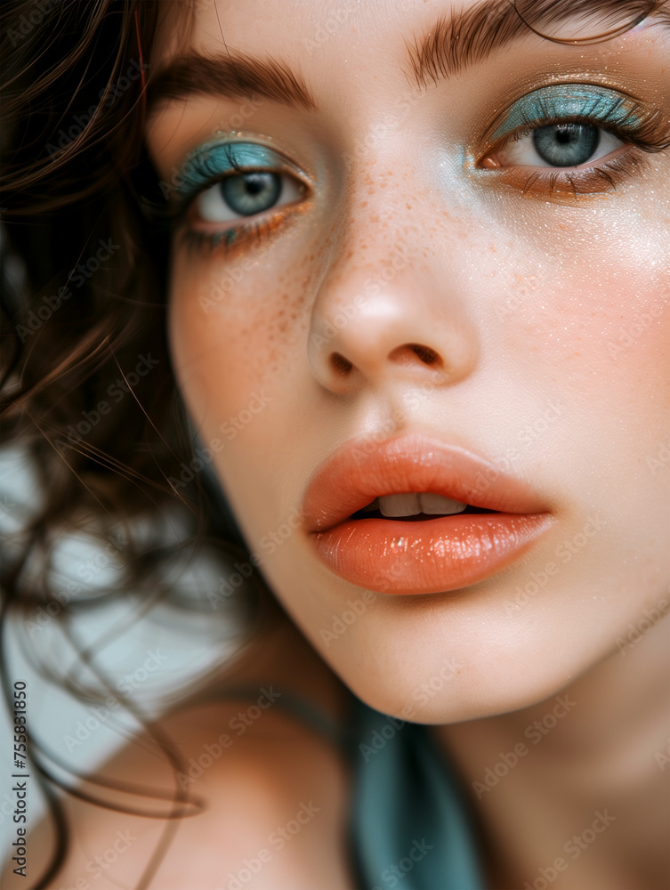 Blue Glam Makeup Portrait: Young Woman with Light Blue Eyeshadow and Glossy Lips. Aqua Makeup Look. Blue Glam Makeup Portrait: Young Woman with Light Blue Eyeshadow and Glossy Lips. Aqua Makeup Look.