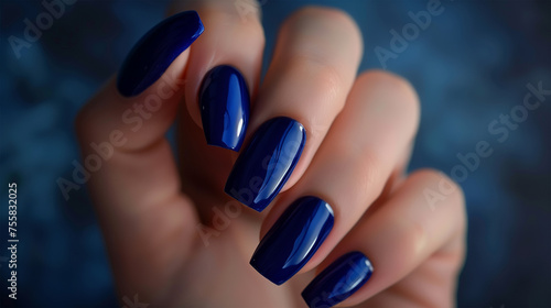 Elegantly Manicured Hand with Dark Blue Color. Close-Up Glam Fun Blue Nails with Glossy Finish. Stylish Nail Polish in One Color Classic Look. 