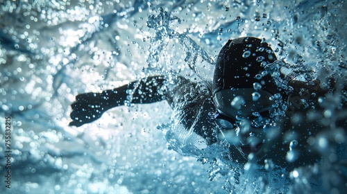Underwater view of a swimmer with bubbles. Aquatic sports and active lifestyle concept. Intense swim training scene for sports design and print © Tatyana