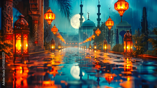 Calle iluminada por faroles con decoración árabe y mezquita en ell ramadán,  símbolo importante en la religión islámica,  photo