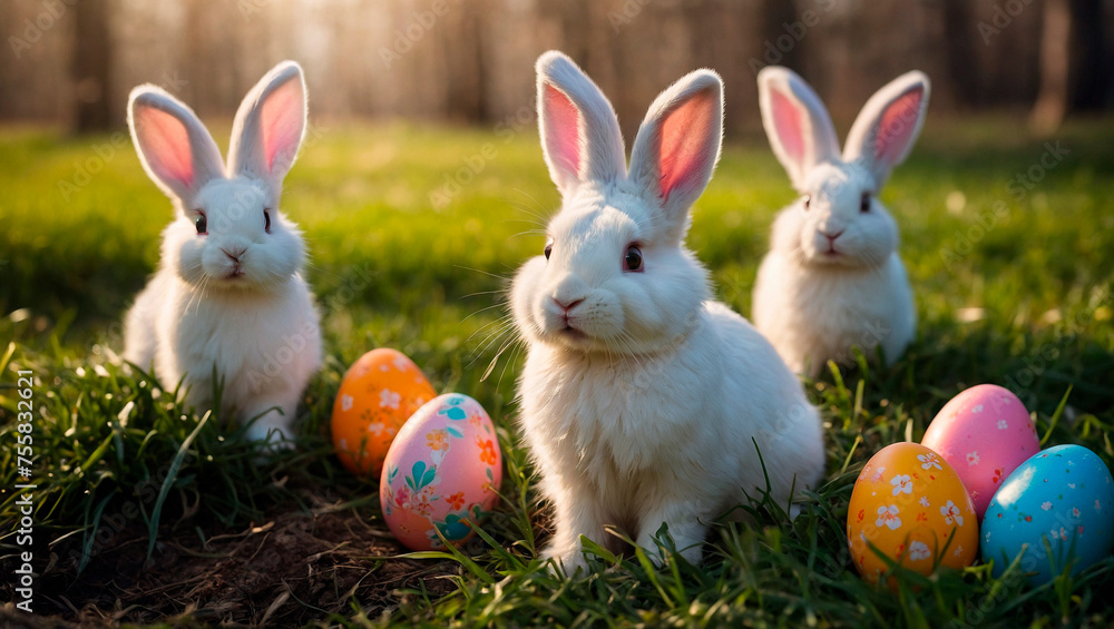Cute and kind Easter bunnies in cartoon style with big ears shines with a joyful smile, ready to give joy and cheer everyone who meets him on the way. Cute and kind Easter bunnies in cartoon style with big ears shines with a joyful smile, ready to give joy and cheer everyone who meets him on the way.