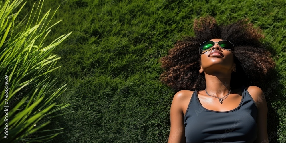 Woman Laying in Grass Wearing Sunglasses Banner. Woman Laying in Grass Wearing Sunglasses Banner.