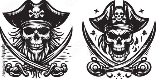 pirate skulls with pirate hat and crossed sabers, black vector graphic