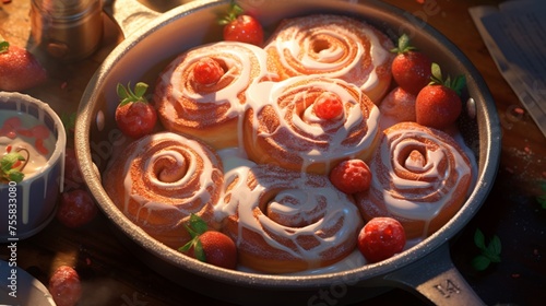 Wallpaper Mural a mouthwatering scene featuring freshly baked cinnamon rolls, nestled in a pan, surrounded by succulent strawberries, and sprinkled with a touch of powdered sugar. Torontodigital.ca