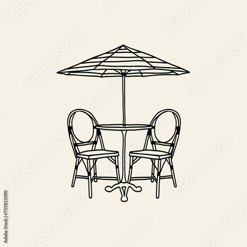 Hand drawn doodle outdoor cafe table with umbrella