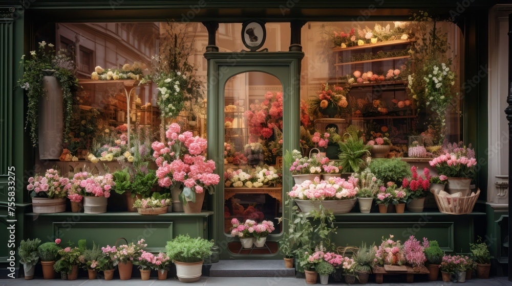 Typical European florist shop showcase with beautiful flowers and vintage green windows.