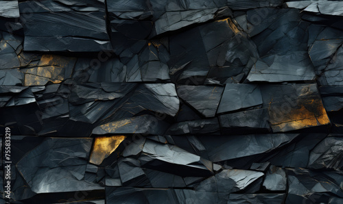 A textured wall of dark slate stones, with a hint of golden light casting a warm glow on the rugged surface.