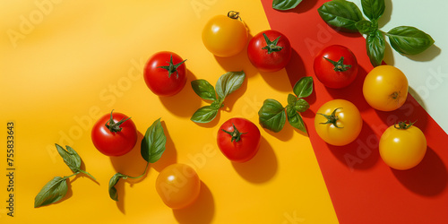 Fresh tomatoes, vegetables and basil herbs colorful organic food background. Concept: restaurant website or menu, grocery store, farmers market, healthy vegan diet based on vegetables and fruits.