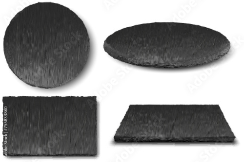 Natural slate plates. Black stone textured plate, dark rock round and square presentation slabs. Decorative food display surfaces realistic 3D vector illustration set