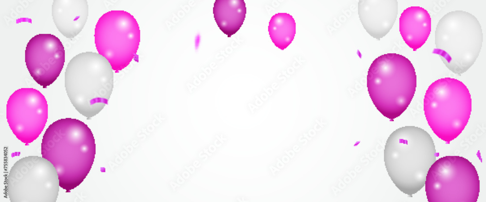 Celebration party banner with pink color balloons background. Vector party balloons illustration. confetti, ribbon vector