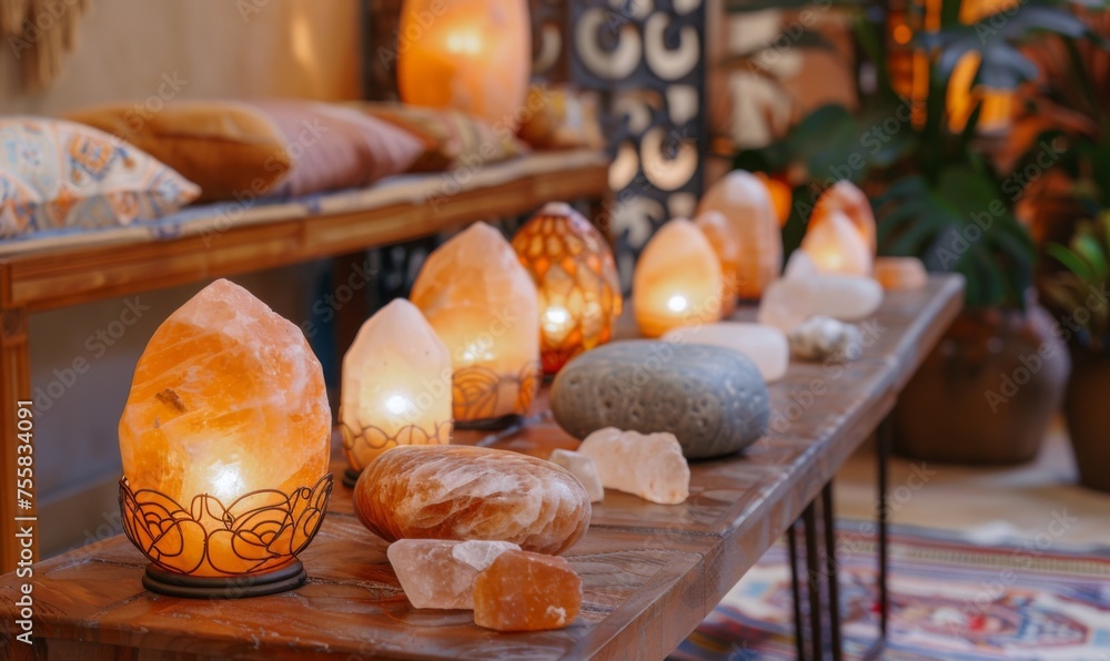 Table set with a variety of wellness essentials including Himalayan salt lamps, crystal healing stones