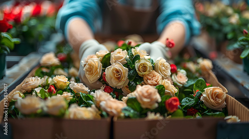 Hands preparing flower petals in floral arrangement trays. Flower shop details and preparation concept. Design for floristry tutorial, botanical art promotion, and craft workshop flyer