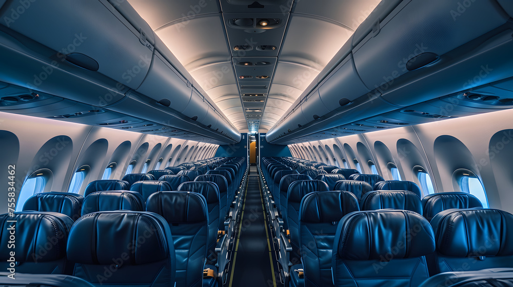 Fototapeta premium Empty airplane interior with leather seats. Travel and transport concept. Design for airline service advertisement, travel agency brochure, and aircraft seating promotion