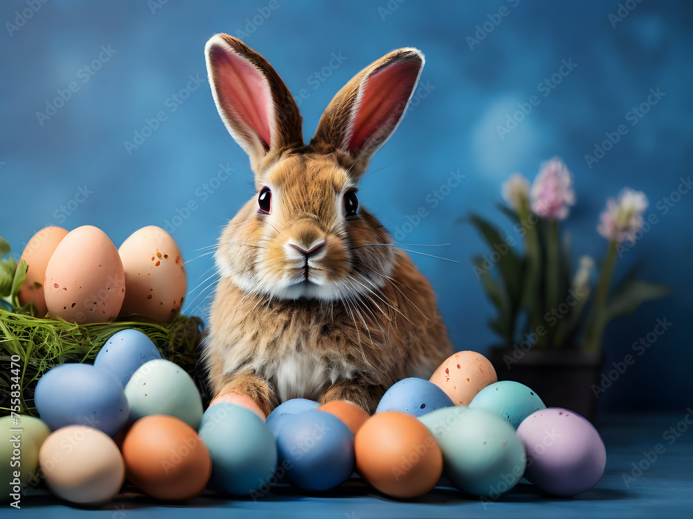 Easter bunny rabbit with painted egg on blue background. For the religious holiday of spring. generative ai Easter bunny rabbit with painted egg on blue background. For the religious holiday of spring. generative ai