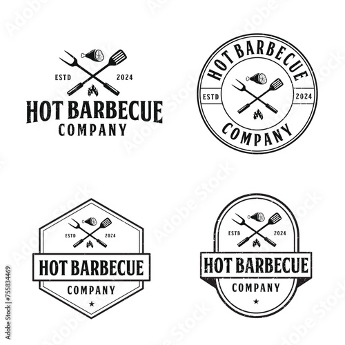 Vintage Retro Rustic BBQ Grill, Barbecue, Barbeque Label Stamp Logo design vector