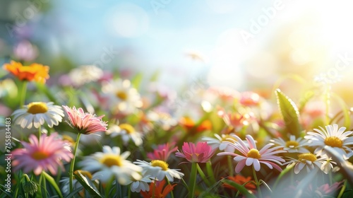 Tranquil meadow with white and pink daisies and golden dandelions in soft evening light