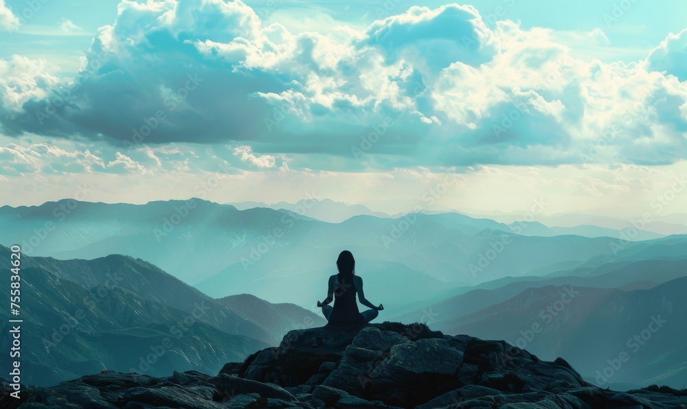 Silhouette fitness girl meditating on the mountain - obrazy, fototapety, plakaty 