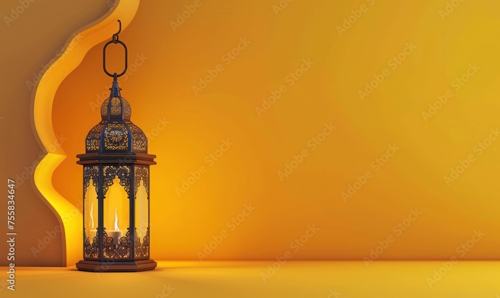 A Beautiful Yellow Background with Ornate Lantern and Foliage for Eid Mubarak Promotion A Beautiful Yellow Background with Ornate Lantern and Foliage for Eid Mubarak Promotion