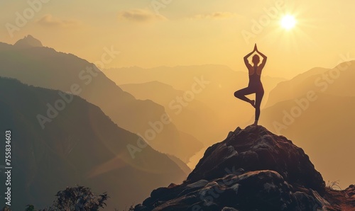 Silhouette fitness girl meditating on the mountain