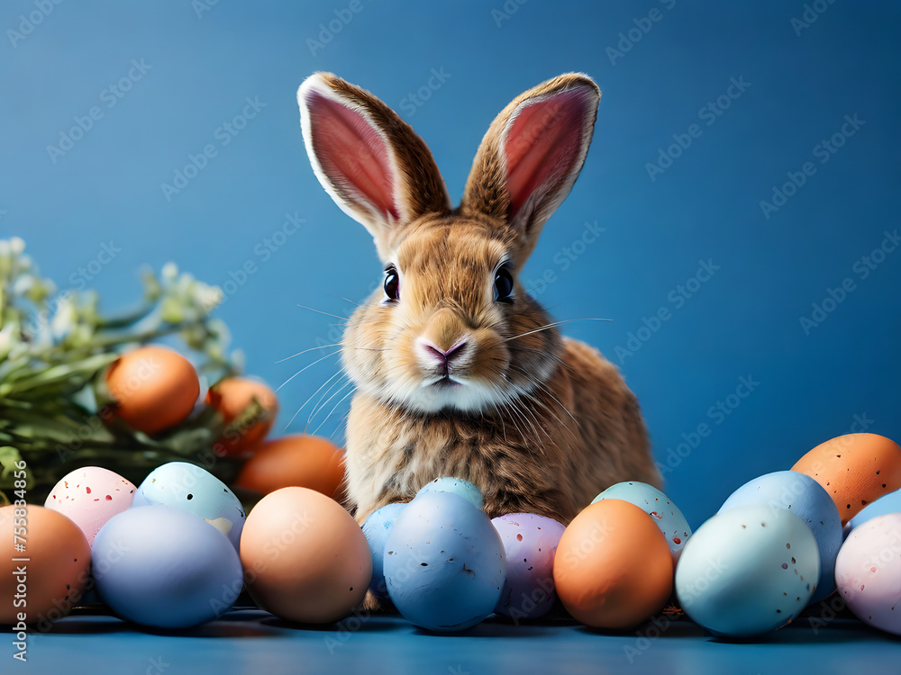 Easter bunny rabbit with painted egg on blue background. For the religious holiday of spring. generative ai Easter bunny rabbit with painted egg on blue background. For the religious holiday of spring. generative ai