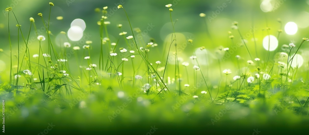 Nature beautiful blurred spring background with small flowers and grass