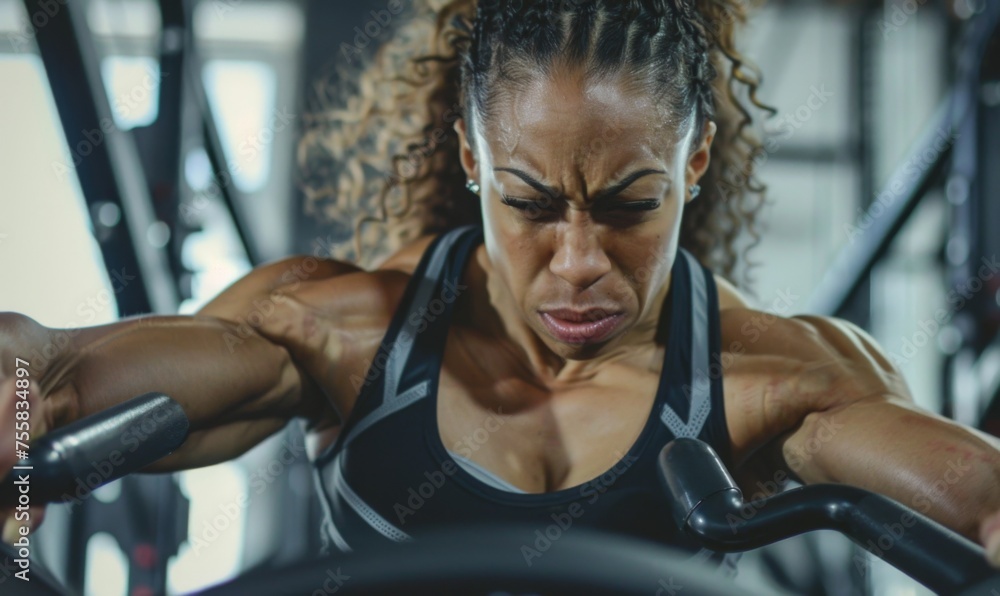 Woman in fitness uniform using a waist shaping machine in the gym, her facial expression is tense Woman in fitness uniform using a waist shaping machine in the gym, her facial expression is tense