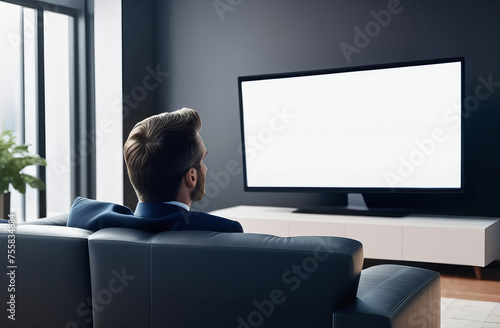 Young man watching television with blank screen sitting at sofa at home, back view. leisure, technology, mass media addiction and people concept. Copy space, empty