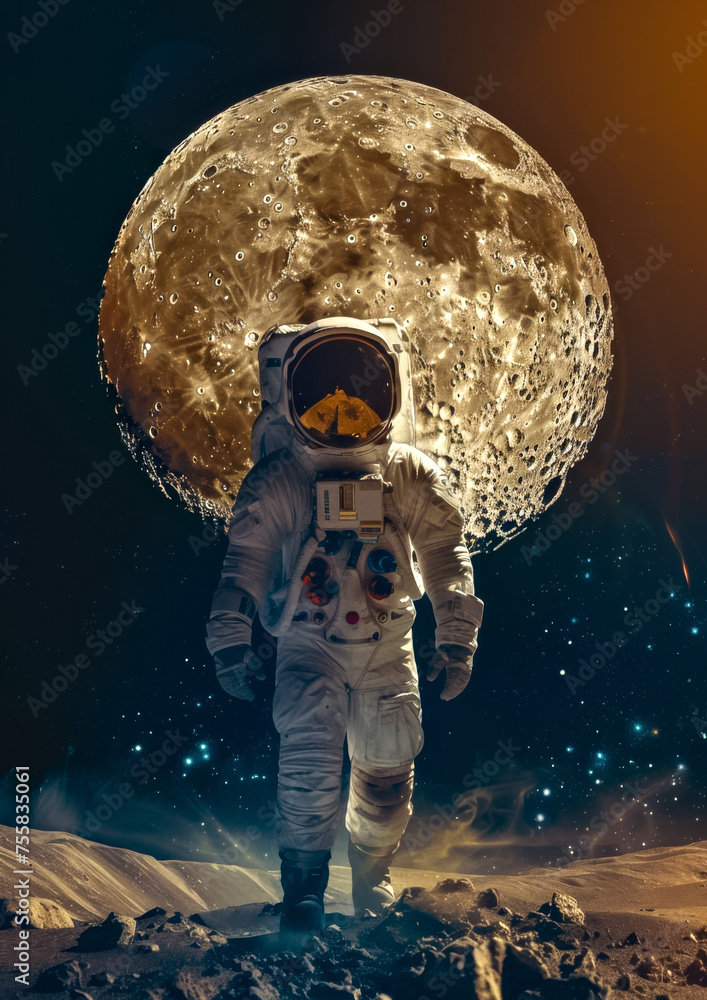 Astronaut Standing on Rocky Outcrop with Luminous Cosmic Background. International Day of Human Space Flight - obrazy, fototapety, plakaty 
