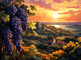 A box of grapes with the sun setting behind them