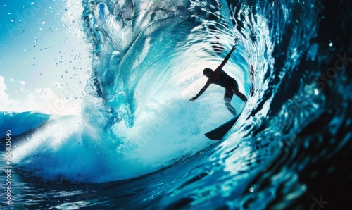 Surfers come out of the blue ocean wave tube © AlfaSmart