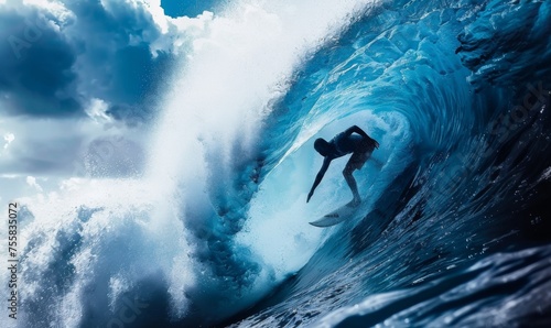 Surfers come out of the blue ocean wave tube