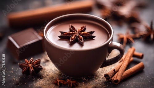 Aromatic spiced hot chocolate with cinnamon and star anise