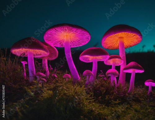 fields of magical mushrooms glowing neon