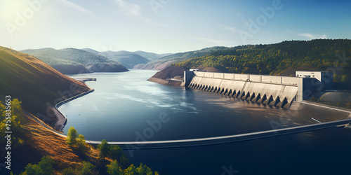 Hydraulic engineering, View of a dam of hydroelectric power station, Dam Seen from Above, Spillways components, Generative AI