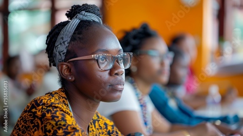 A young African woman with glasses attentively listens during a class in an educational setting, showing determination and focus.