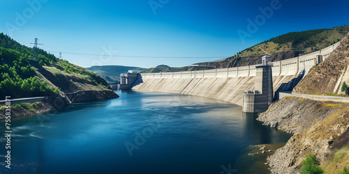 Hydropower and dams, dam in the mountains, The Bratsk Hydroelectric Power Station, Hydroelectric dam generating green energy from flowing water, Generative AI