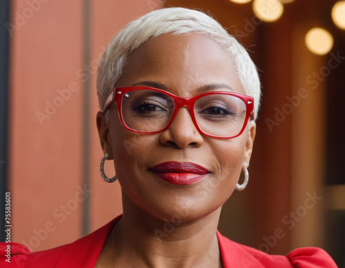Beautiful 40-year-old Black lady with stunning short platinum blonde hair, wearing framed red glasses