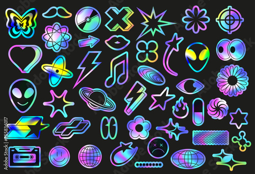 Iridescent holo stickers pack. Fluorescent retro 90s style symbols, Y2K icons and holographic gradient decals vector set