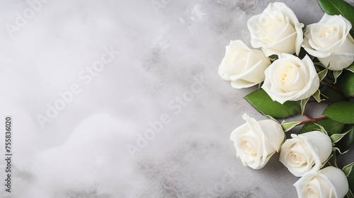 Elegant Wedding Celebration with White Roses on Stylish Concrete Table – Perfect Marriage Atmosphere © Pasinee